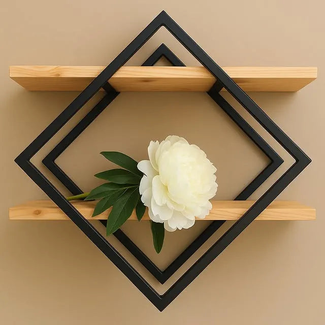 Geometric Wall Shelf with Natural Wood & Bold Black Frame