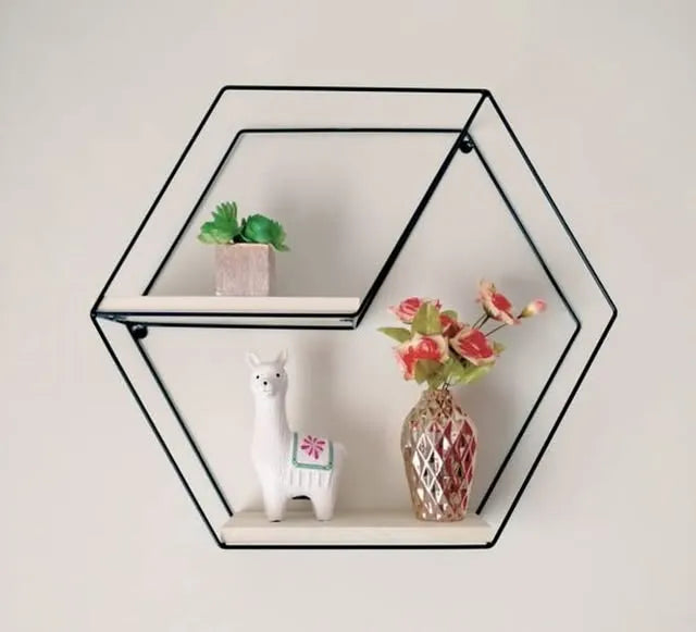 Hexagon Shaped Wall Mount Shelf With Dual Shelf