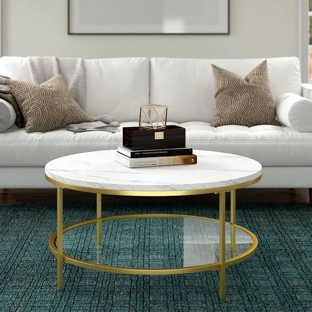 Round Shaped Sofa Side Table, Coffee Table With Dual Shelving Unite