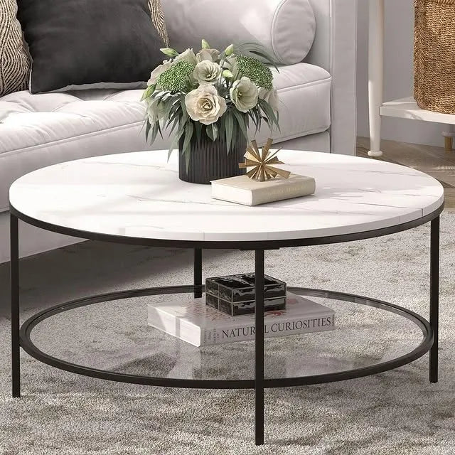 Round Shaped Sofa Side Table, Coffee Table With Dual Shelving Unite