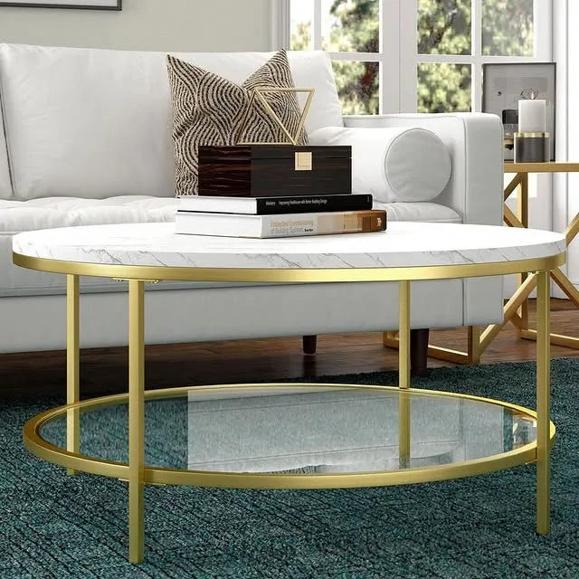 Round Shaped Sofa Side Table, Coffee Table With Dual Shelving Unite