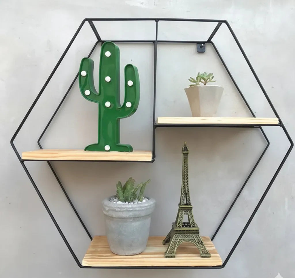Hexagon Shaped Wall Mount Shelf With Three Shelving Unite