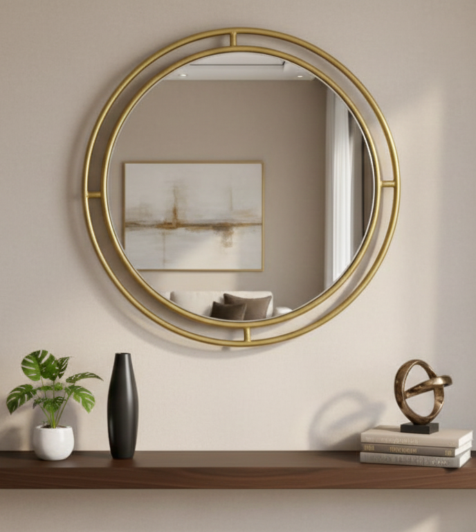 Modern Round Wall Mirror with Double Iron Frame