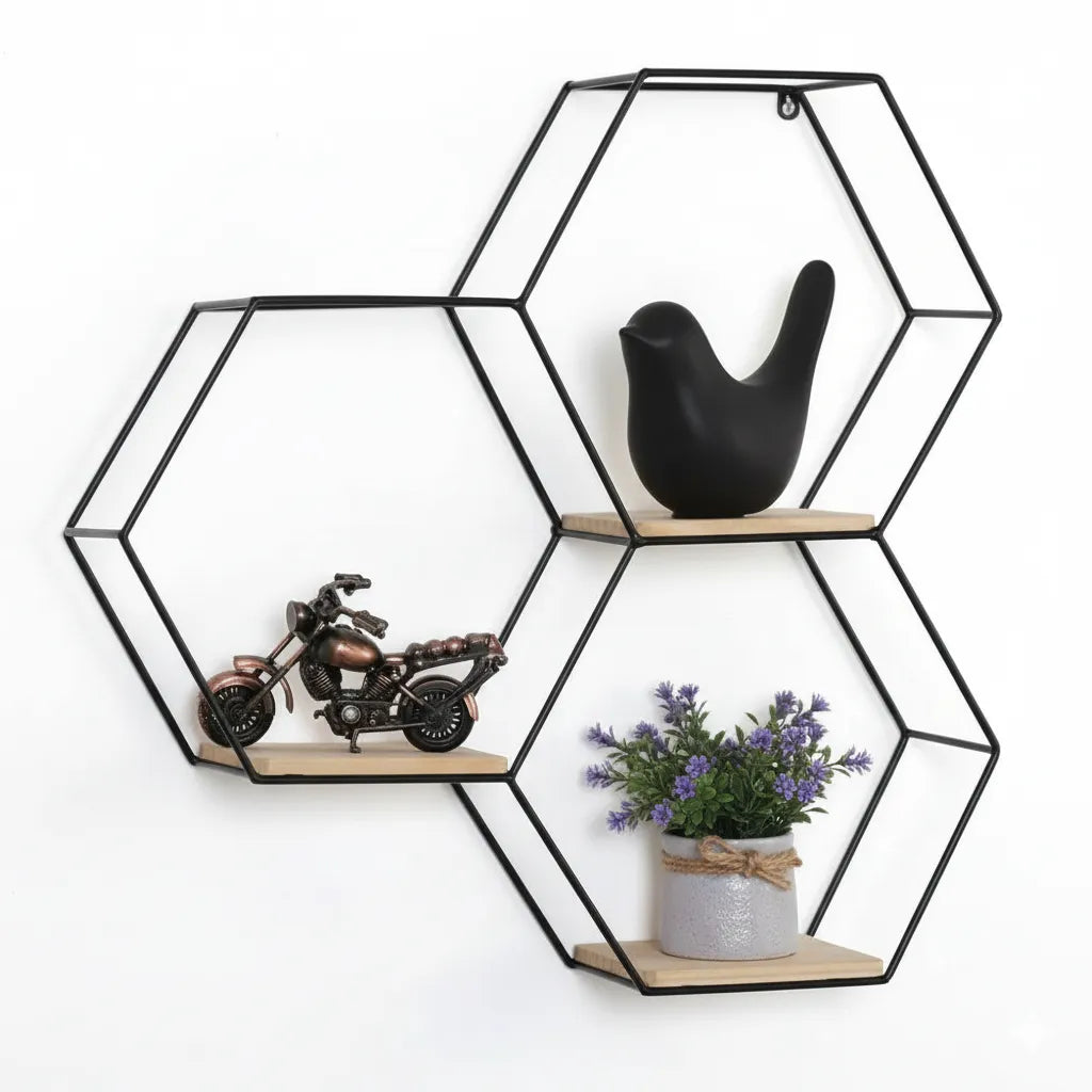 Honey Comb Design Wall Mount Shelf With Three Shelving Unite